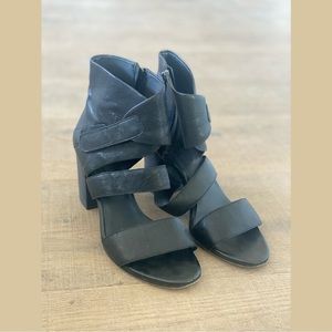 eileen fisher black strappy leather ankle open toe heels boots